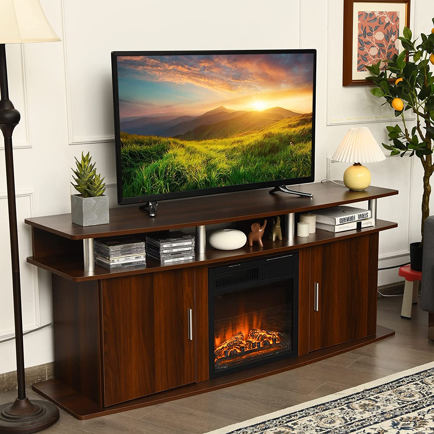 Wooden TV Cabinet Media Entertainment Center with 2 Doors and Open Shelves-Brown
