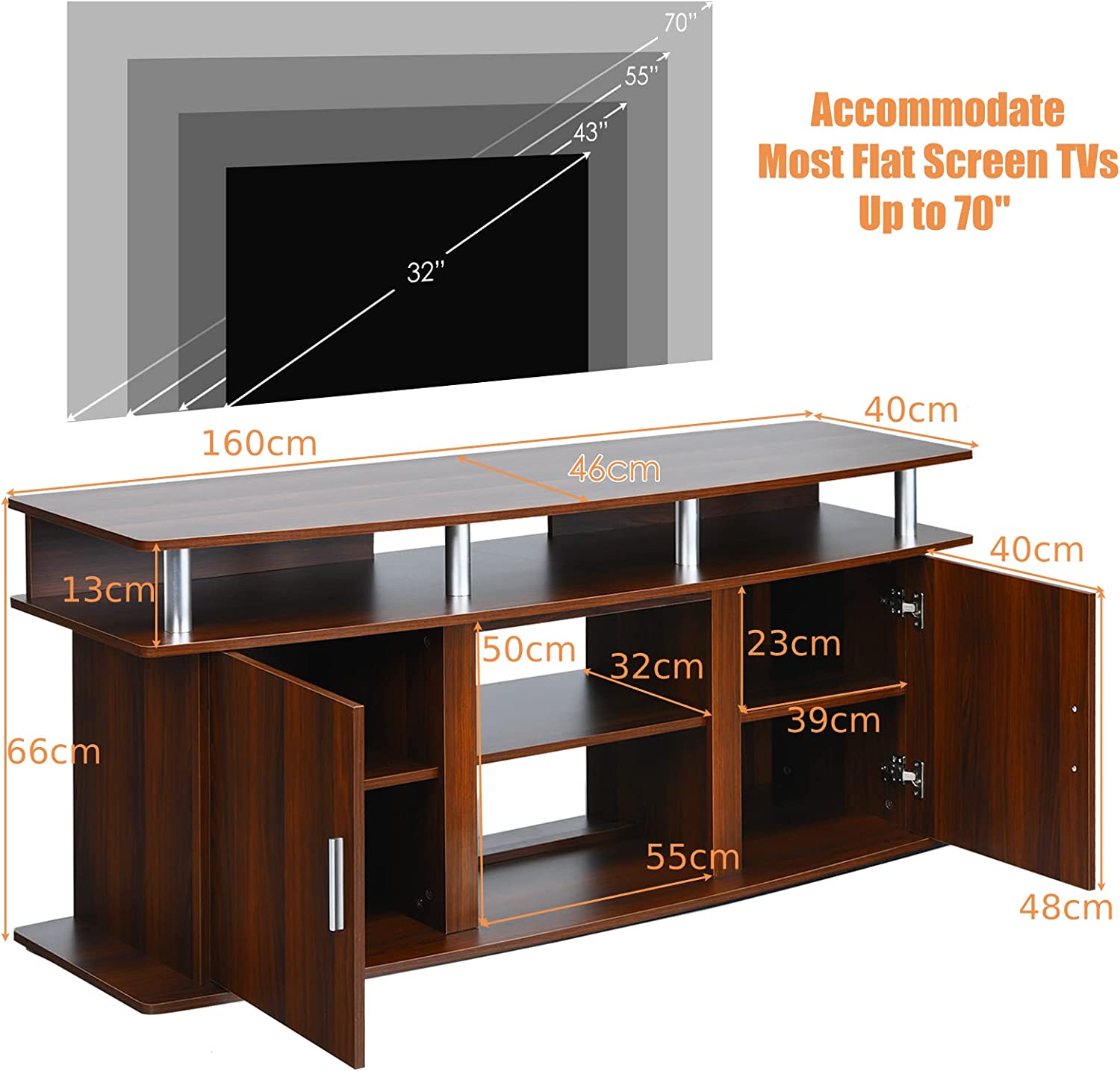 Wooden TV Cabinet Media Entertainment Center with 2 Doors and Open Shelves-Brown