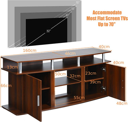 Wooden TV Cabinet Media Entertainment Center with 2 Doors and Open Shelves-Brown