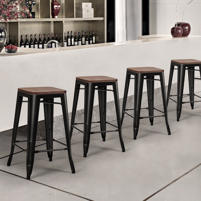 Set of 4 64.5cm Counter Height Bar Stool with Wooden Seat-Black