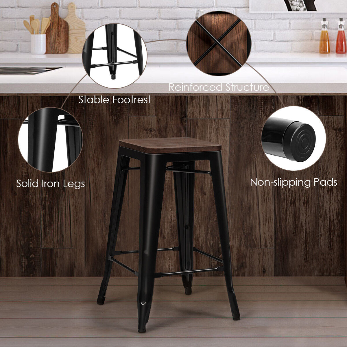 Set of 4 64.5cm Counter Height Bar Stool with Wooden Seat-Black