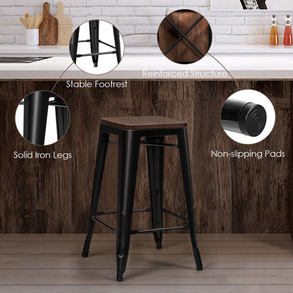Set of 4 64.5cm Counter Height Bar Stool with Wooden Seat-Black