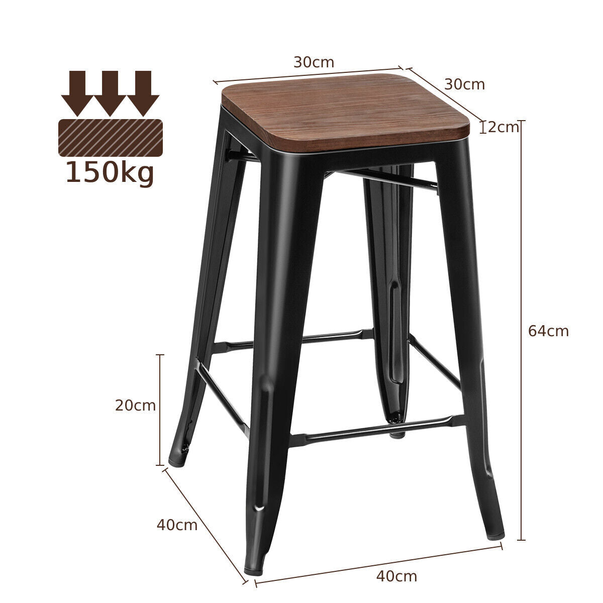 Set of 4 64.5cm Counter Height Bar Stool with Wooden Seat-Black