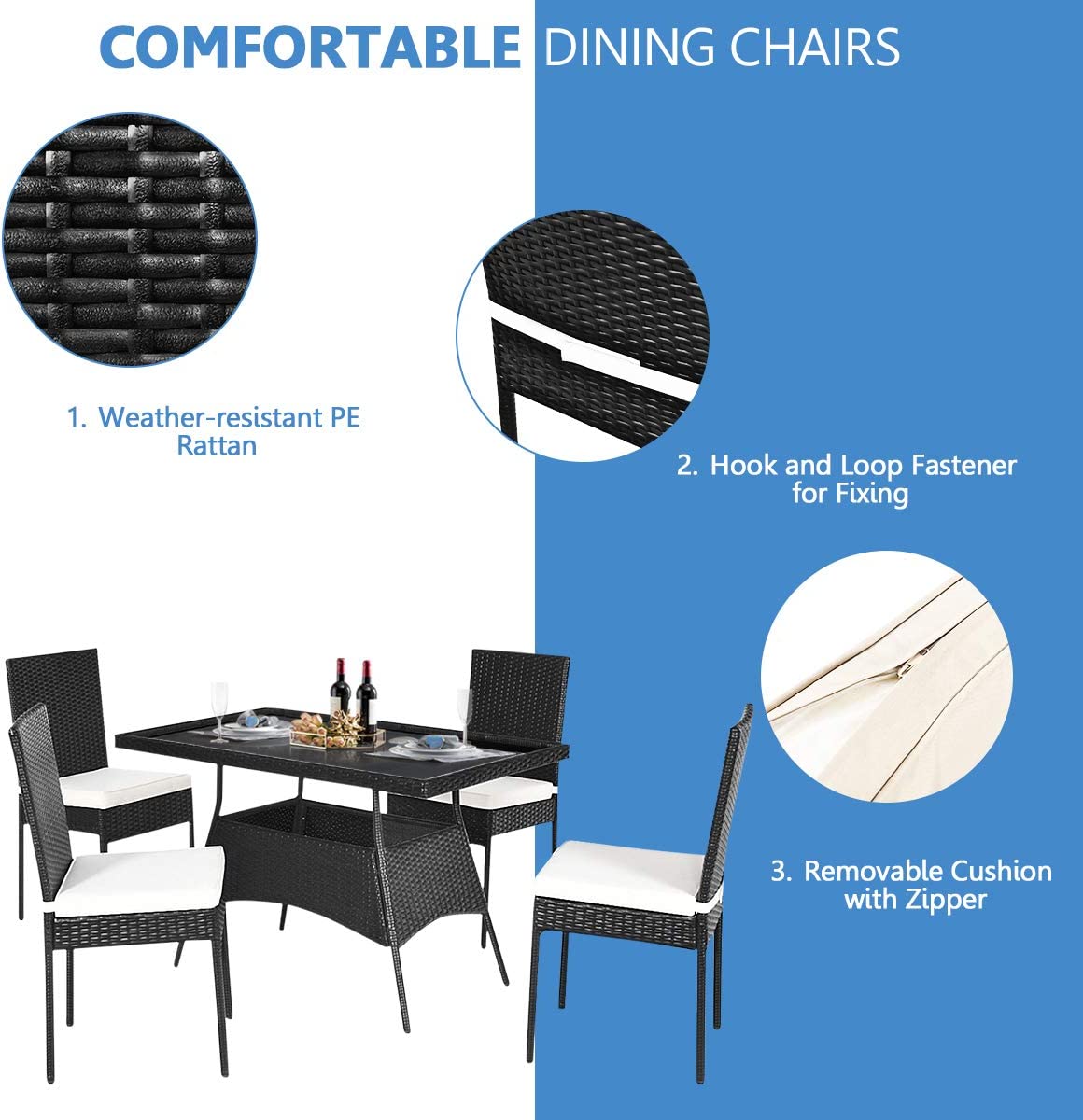 5-Piece Patio Rattan Dining Set  with Tempered Glass Top and Removable Cushions