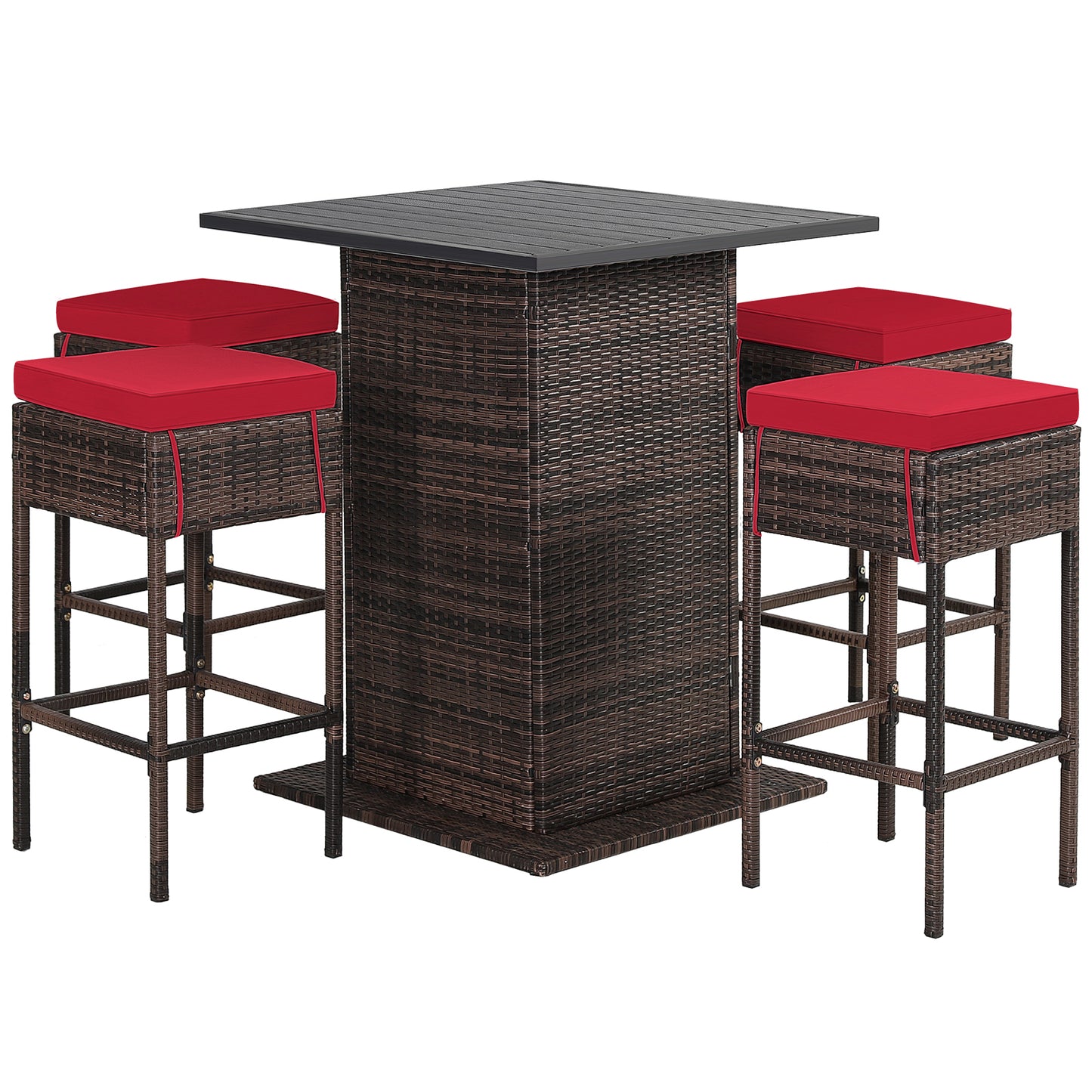 5-Piece Garden Bar Set with 2 Storage Shelves and Cushions-Red