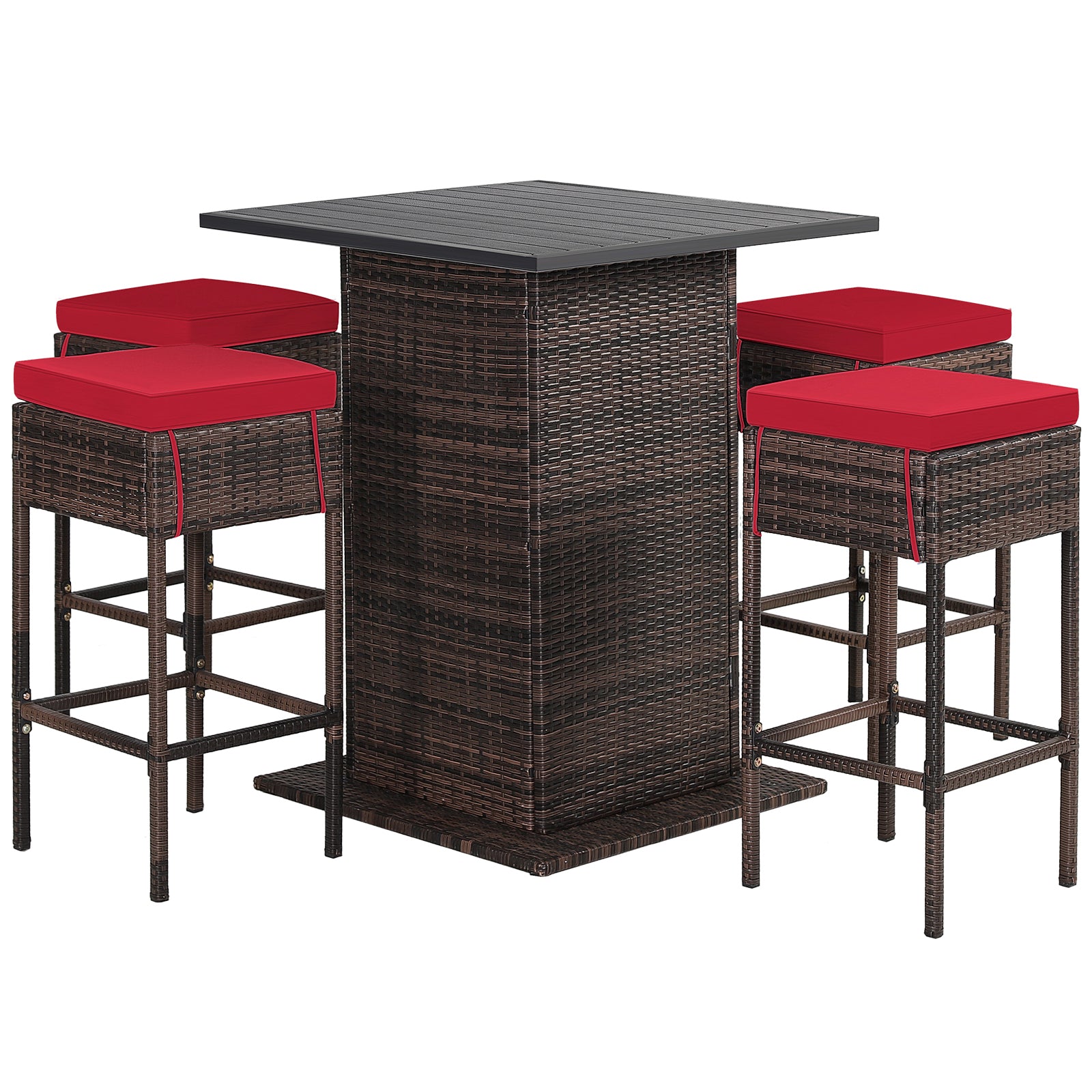 5-Piece Garden Bar Set with 2 Storage Shelves and Cushions-Red