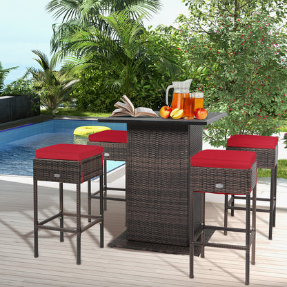 5-Piece Garden Bar Set with 2 Storage Shelves and Cushions-Red