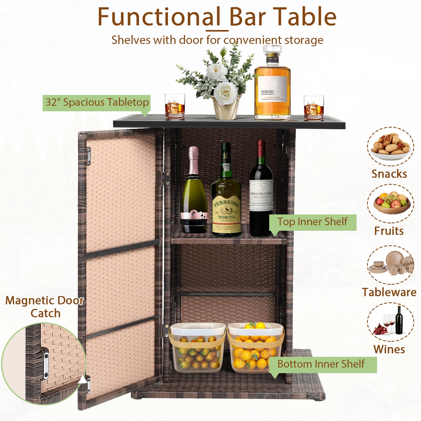 5-Piece Garden Bar Set with 2 Storage Shelves and Cushions-Red