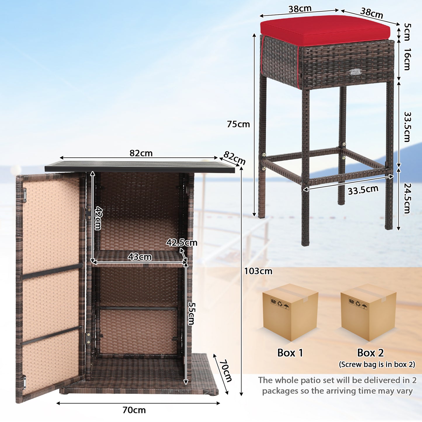 5-Piece Garden Bar Set with 2 Storage Shelves and Cushions-Red
