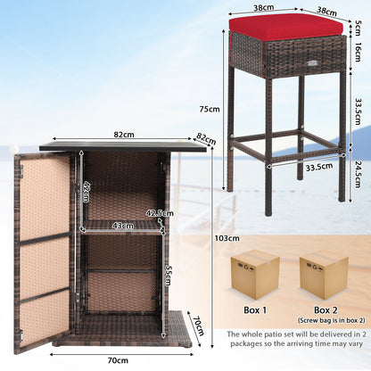 5-Piece Garden Bar Set with 2 Storage Shelves and Cushions-Red