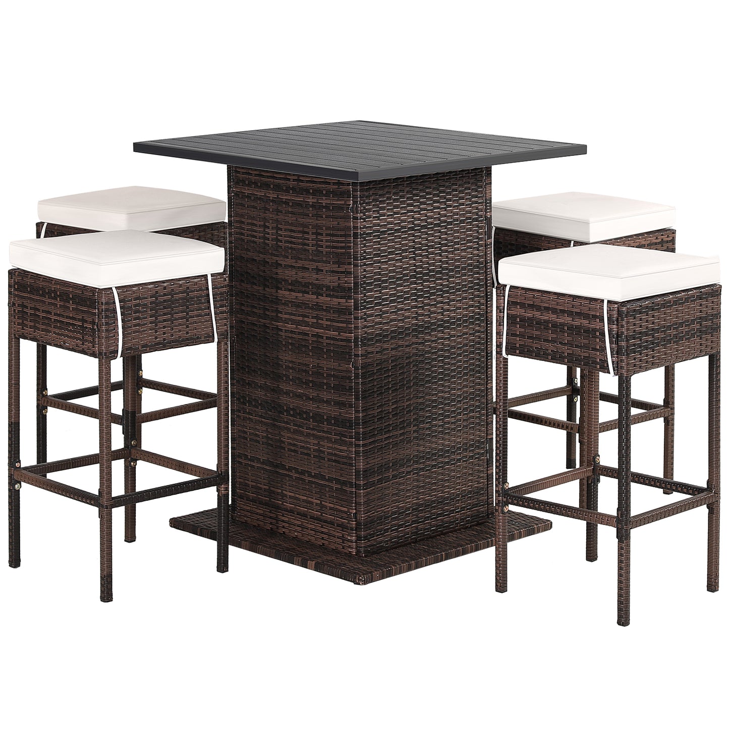 5-Piece Garden Bar Set with 2 Storage Shelves and Cushions-White