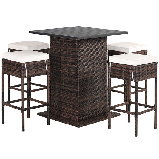 5-Piece Garden Bar Set with 2 Storage Shelves and Cushions-White