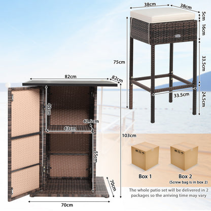 5-Piece Garden Bar Set with 2 Storage Shelves and Cushions-White