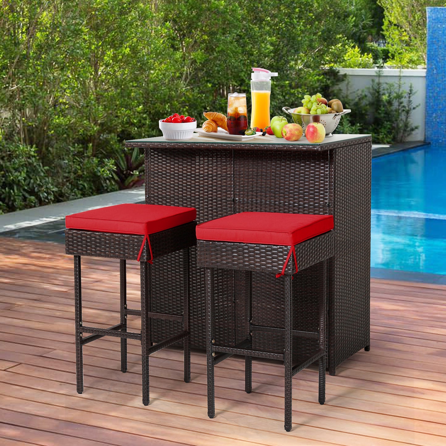 3-Piece Outdoor PE Rattan Bar Set with Cushions-Red