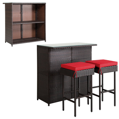 3-Piece Outdoor PE Rattan Bar Set with Cushions-Red