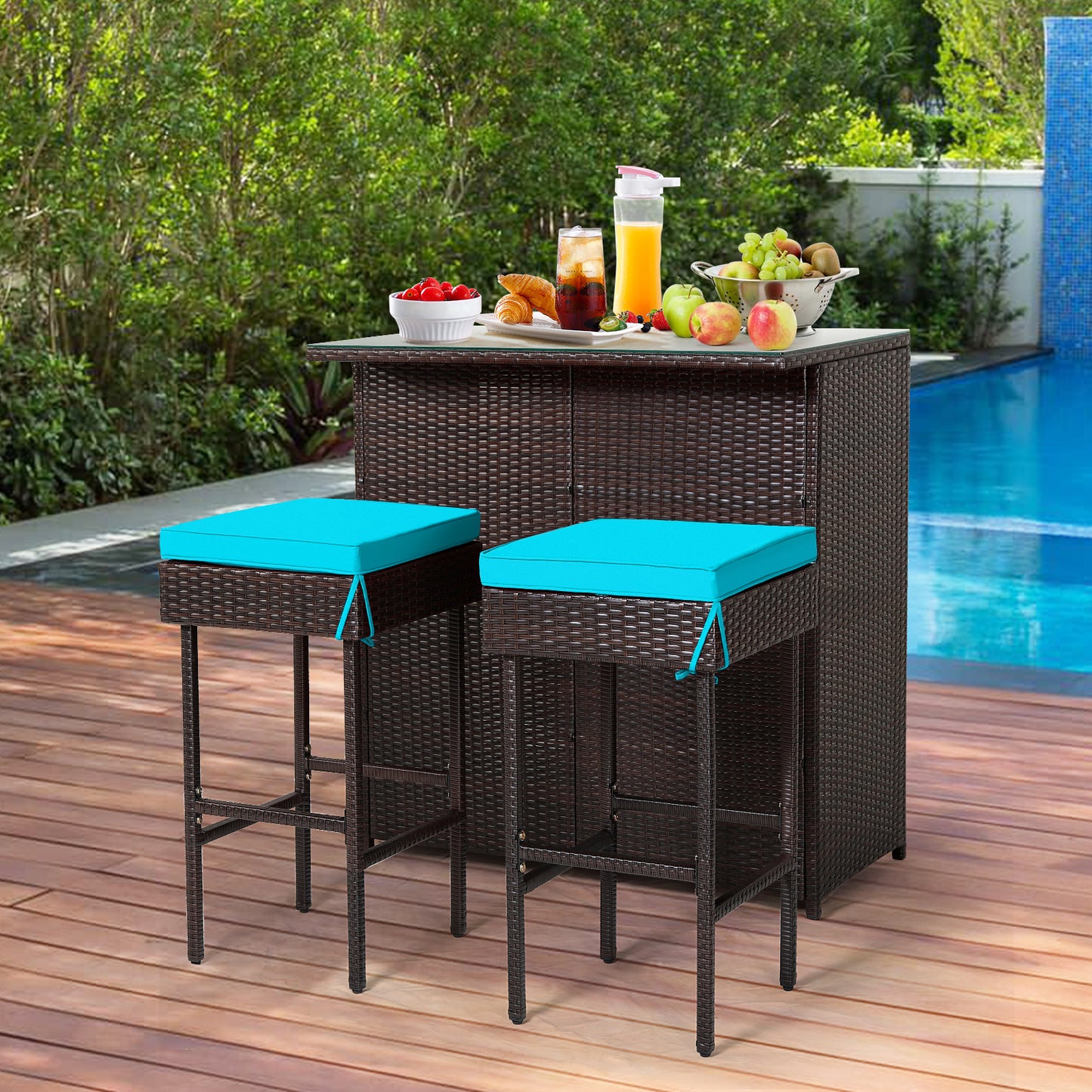 3-Piece Outdoor PE Rattan Bar Set with Cushions-Turquoise