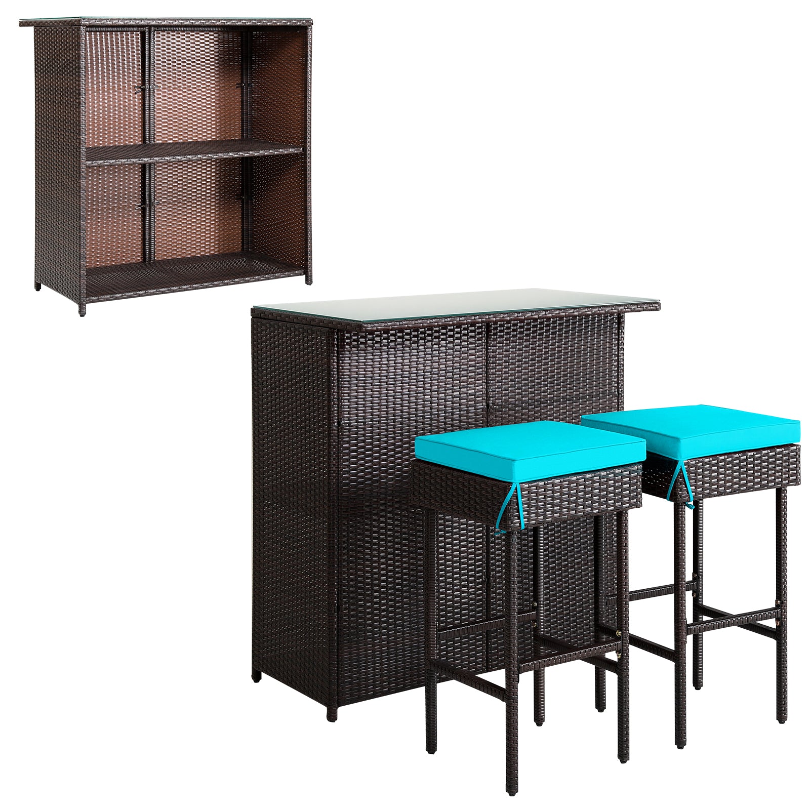 3-Piece Outdoor PE Rattan Bar Set with Cushions-Turquoise