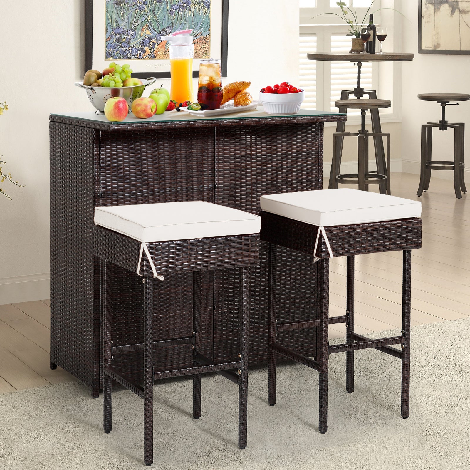 3-Piece Outdoor PE Rattan Bar Set with Cushions-White