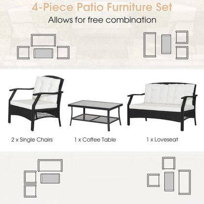 4 Pieces Patio Rattan Conversation Set with Coffee Table and Cushions