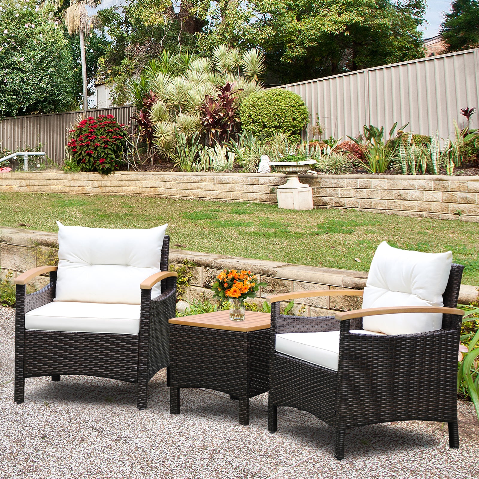 3 Pieces Patio Rattan Furniture Set with Cushions for Porch Backyard