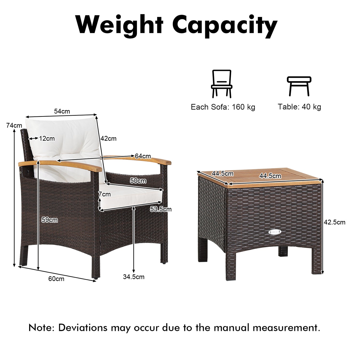 3 Pieces Patio Rattan Furniture Set with Cushions for Porch Backyard