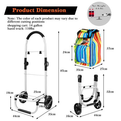 3-In-1 Folding Shopping Trolley with Detachable Bag and Wheels-Multicolor