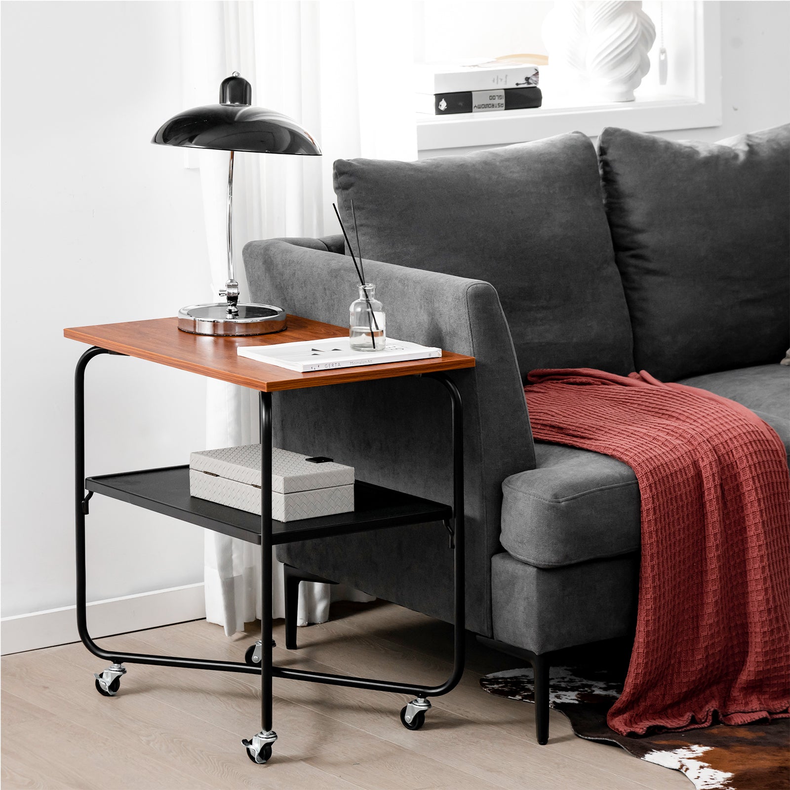 2-Tier Rolling Side Table with Storage Shelf and Lockable Casters-Brown