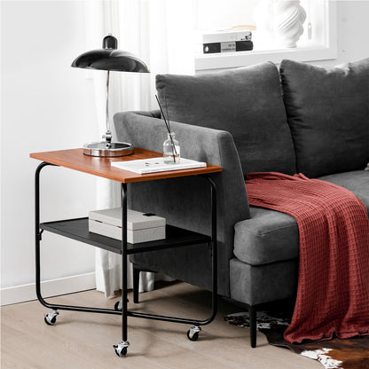 2-Tier Rolling Side Table with Storage Shelf and Lockable Casters-Brown