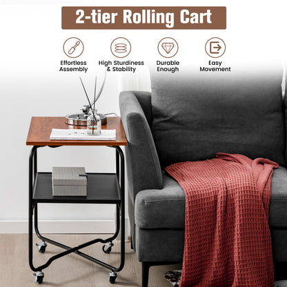 2-Tier Rolling Side Table with Storage Shelf and Lockable Casters-Brown