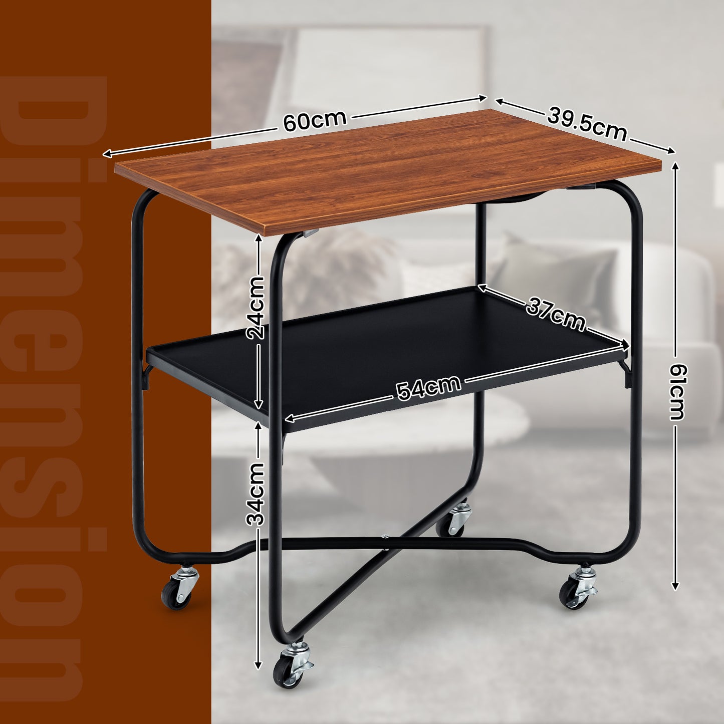 2-Tier Rolling Side Table with Storage Shelf and Lockable Casters-Brown