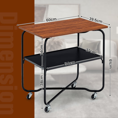 2-Tier Rolling Side Table with Storage Shelf and Lockable Casters-Brown