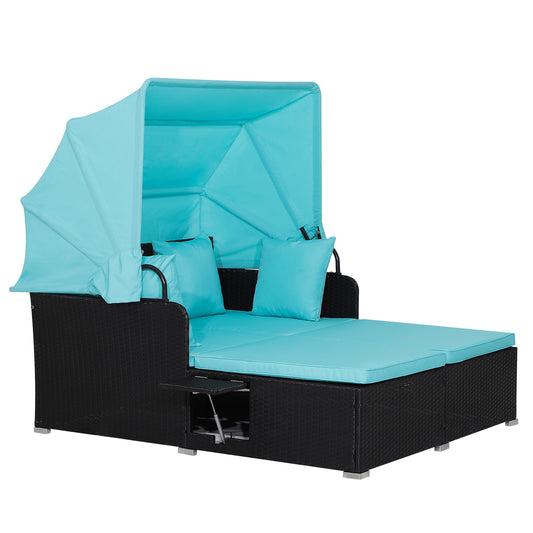 Garden Rattan Daybed with Retractable Canopy and Cushions-Turquoise