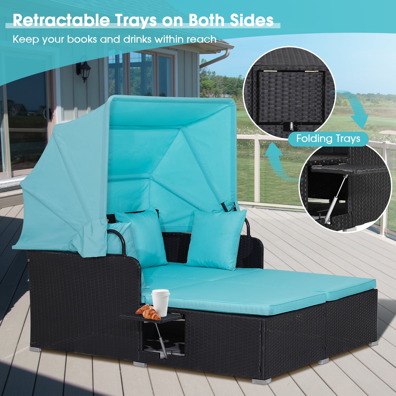 Garden Rattan Daybed with Retractable Canopy and Cushions-Turquoise