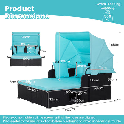 Garden Rattan Daybed with Retractable Canopy and Cushions-Turquoise