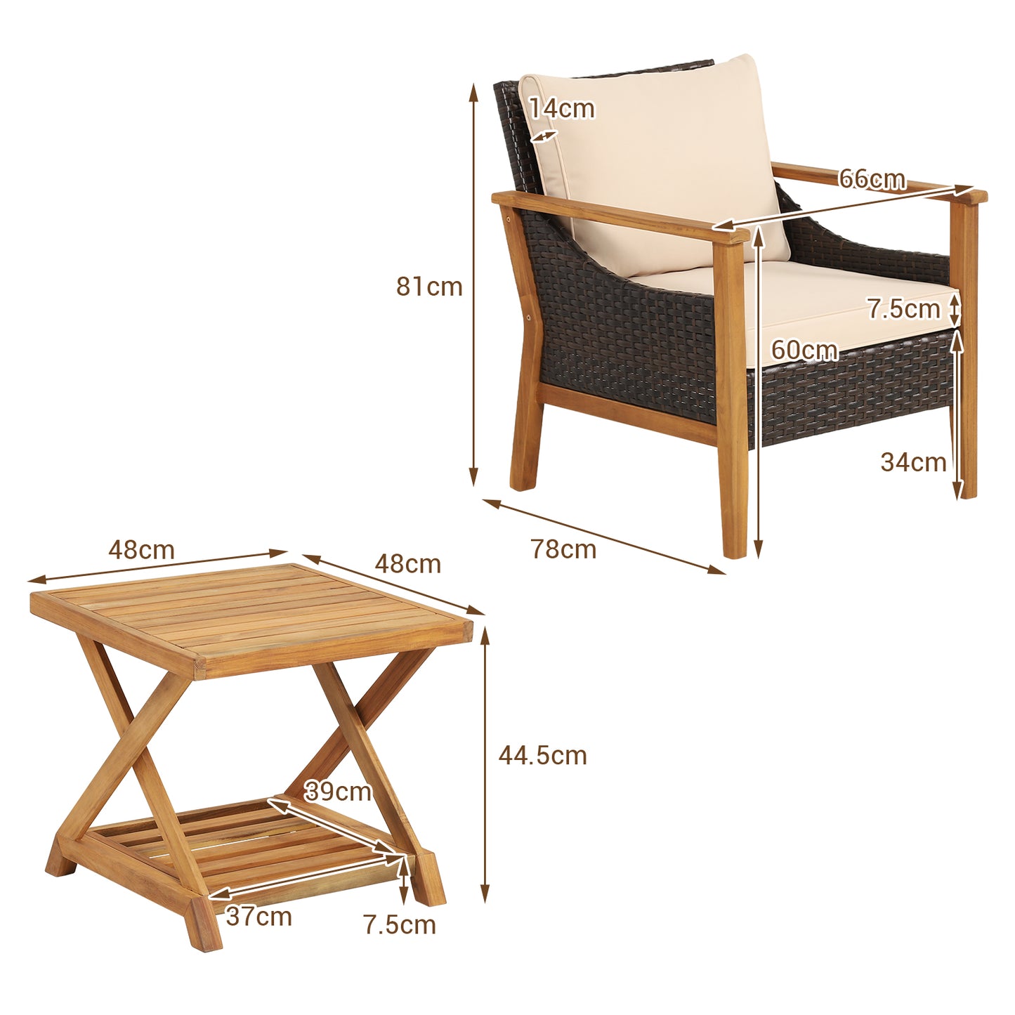 3 Pieces Patio Furniture Set-Brown