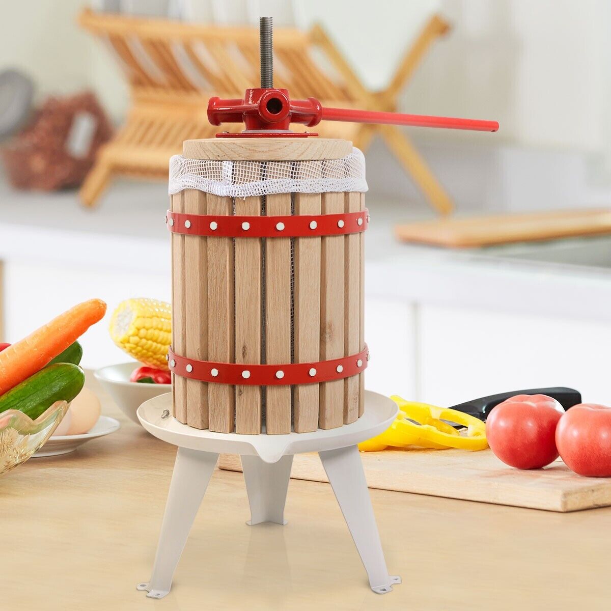 6L Fruit Wine Press with Solid Oak Wood Basket and Steel Legs