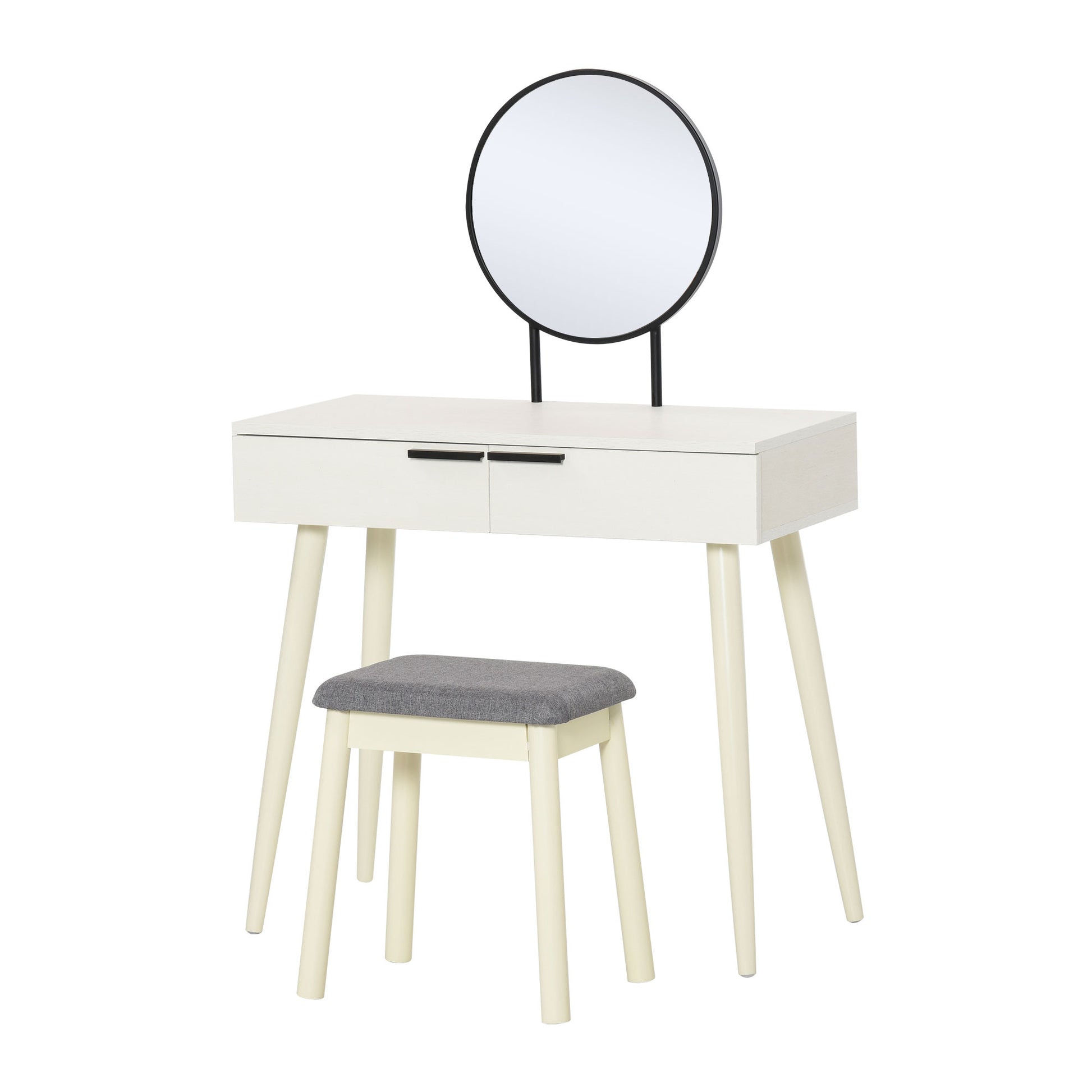 HOMCOM Dressing Table Set with Round Mirror Vanity Table Set w/ Makeup Desk, Cushioned Stool, 2 Drawers for Jewelry Storage, White
