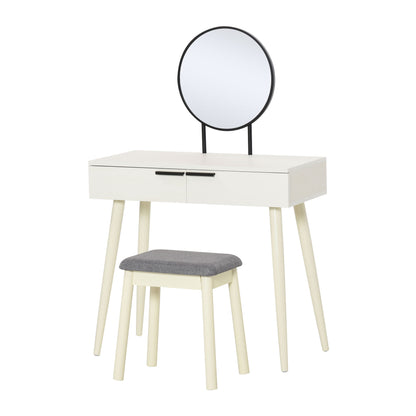 HOMCOM Dressing Table Set with Round Mirror Vanity Table Set w/ Makeup Desk, Cushioned Stool, 2 Drawers for Jewelry Storage, White