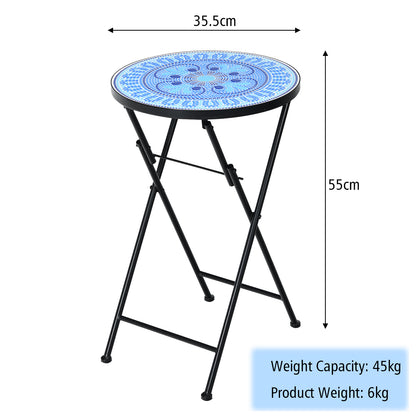 Folding Mosaic Side Table with Ceramic Tile Top and Non-slip Foot Mat-Blue Four Leaf Clover 