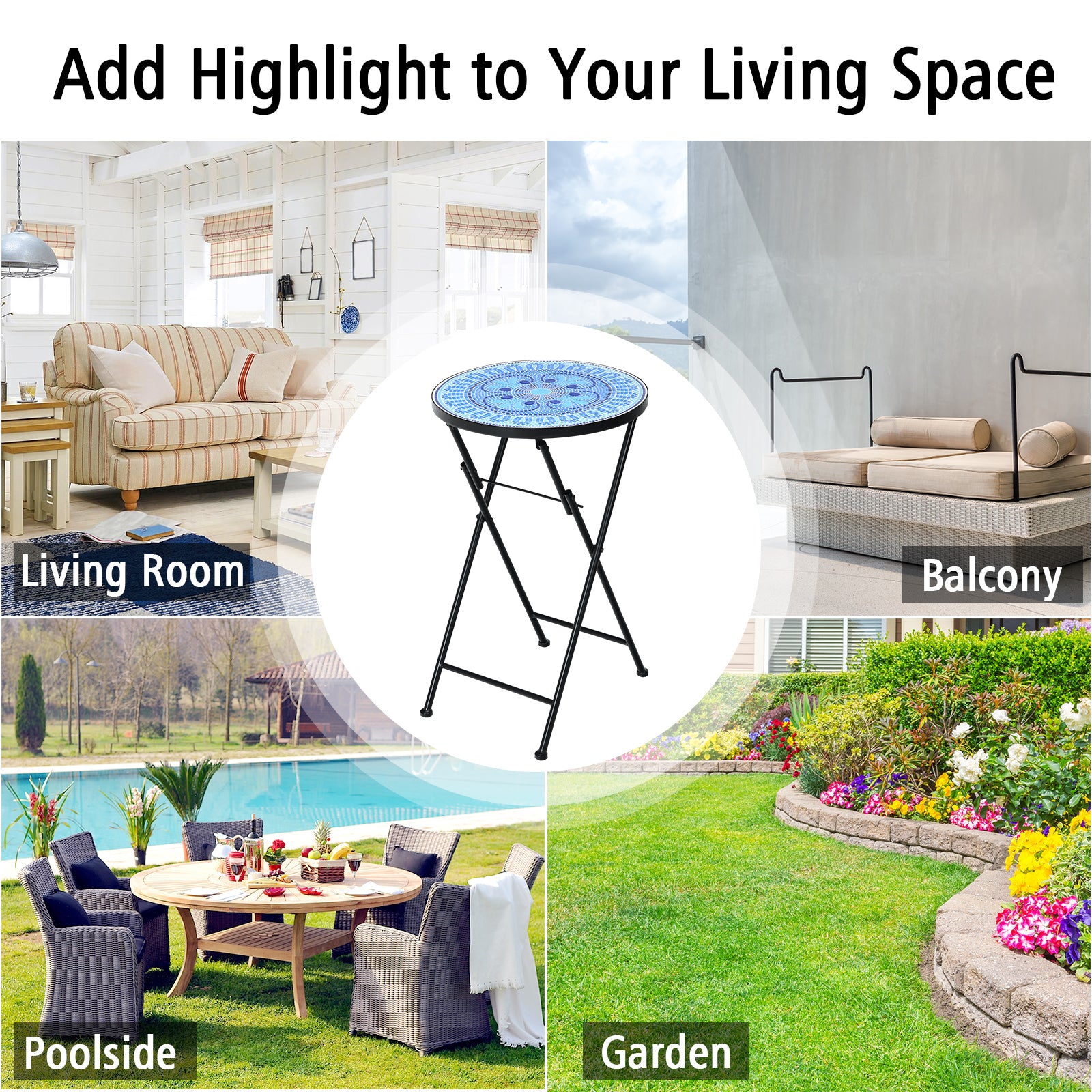 Folding Mosaic Side Table with Ceramic Tile Top and Non-slip Foot Mat-Blue Four Leaf Clover 