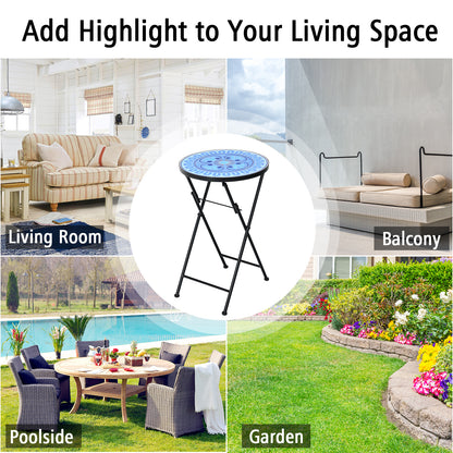 Folding Mosaic Side Table with Ceramic Tile Top and Non-slip Foot Mat-Blue Four Leaf Clover 