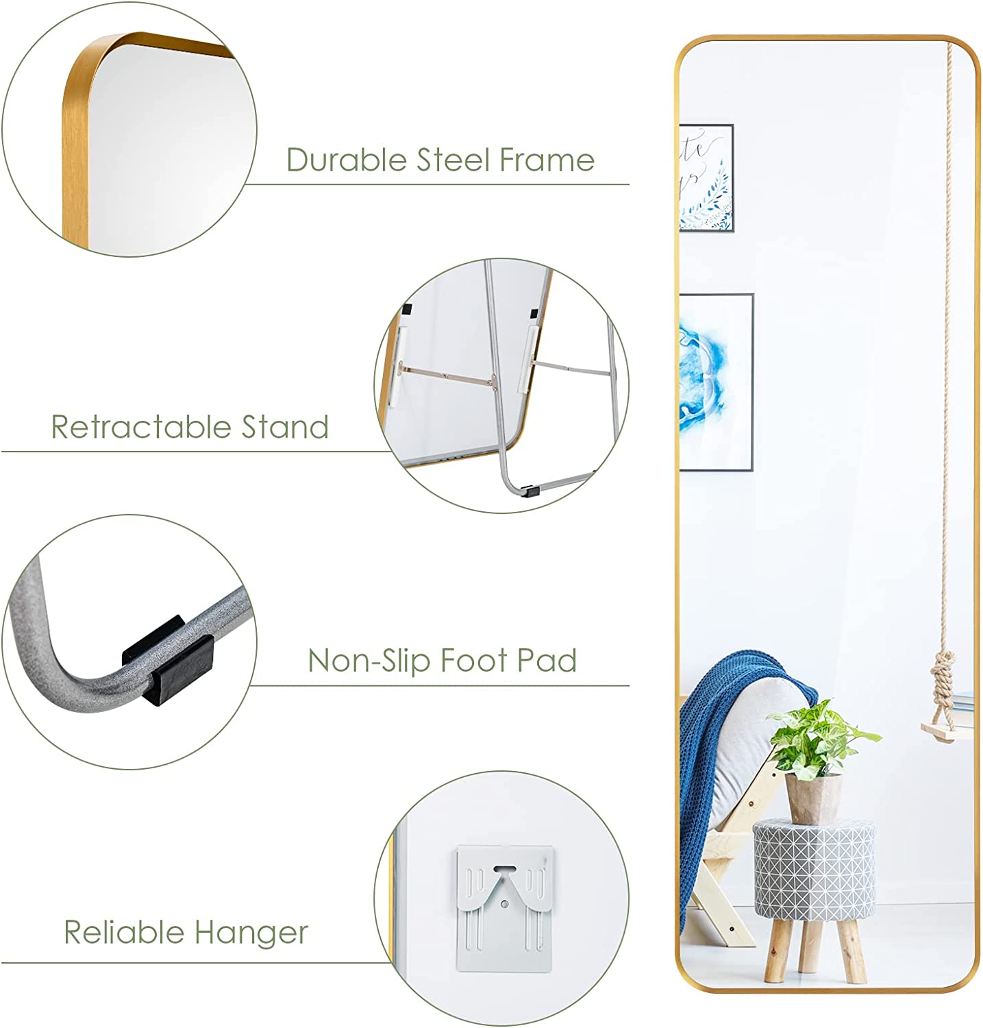 Rectangular Gold Steel Frame Full Body Large Makeup Dressing Mirror for Living Room