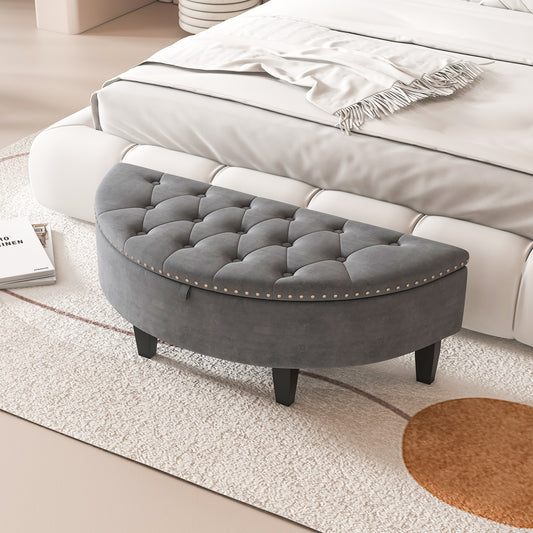 Half Moon Storage Bench Velvet Upholstered Ottoman Bench-Grey