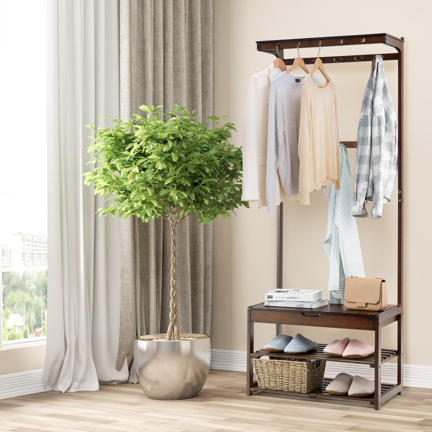 Entryway Storage Organizer with 10 Hanging Hooks and 2-Tier Shoe Shelves-Coffee