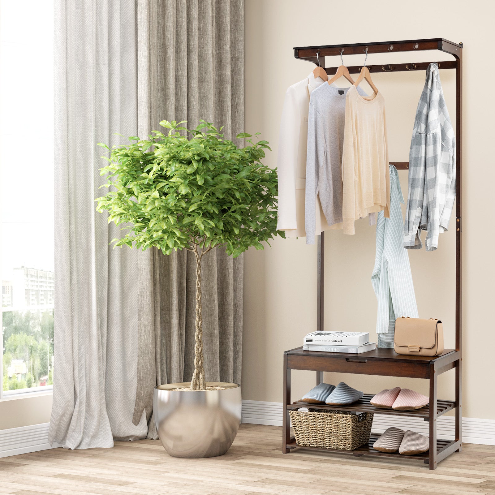 Entryway Storage Organizer with 10 Hanging Hooks and 2-Tier Shoe Shelves-Coffee