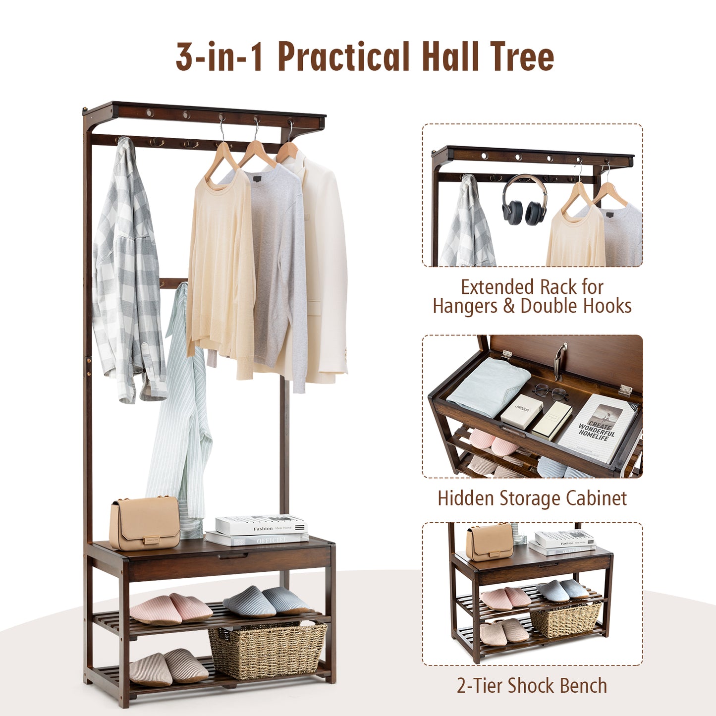 Entryway Storage Organizer with 10 Hanging Hooks and 2-Tier Shoe Shelves-Coffee