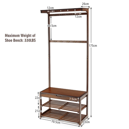 Entryway Storage Organizer with 10 Hanging Hooks and 2-Tier Shoe Shelves-Coffee