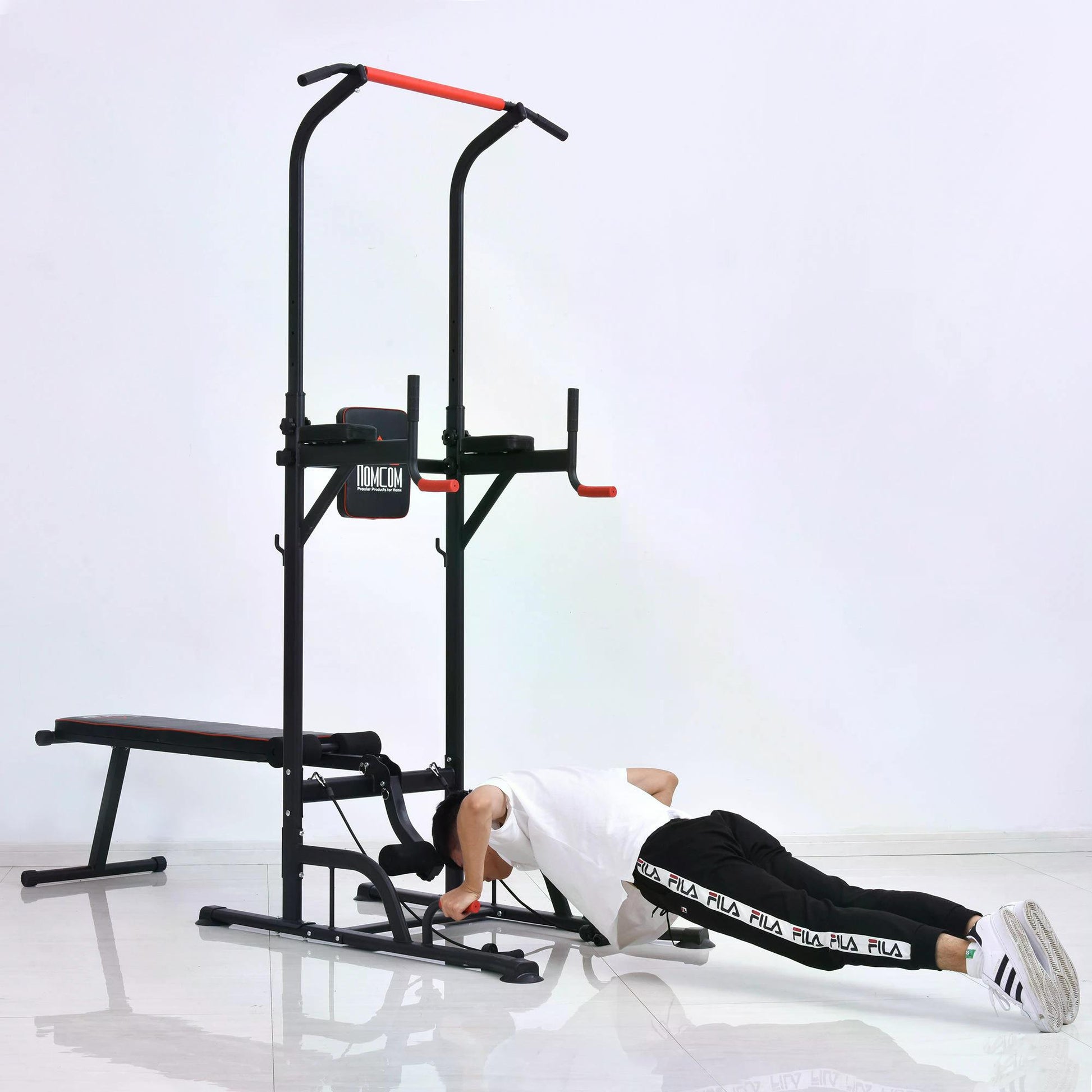 HOMCOM Steel Strength Training Power Tower Pull Up Station Black/Red