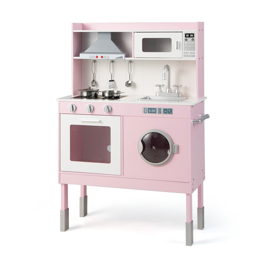 Adjustable Wooden Kids Play Kitchen with Washing Machine-Pink