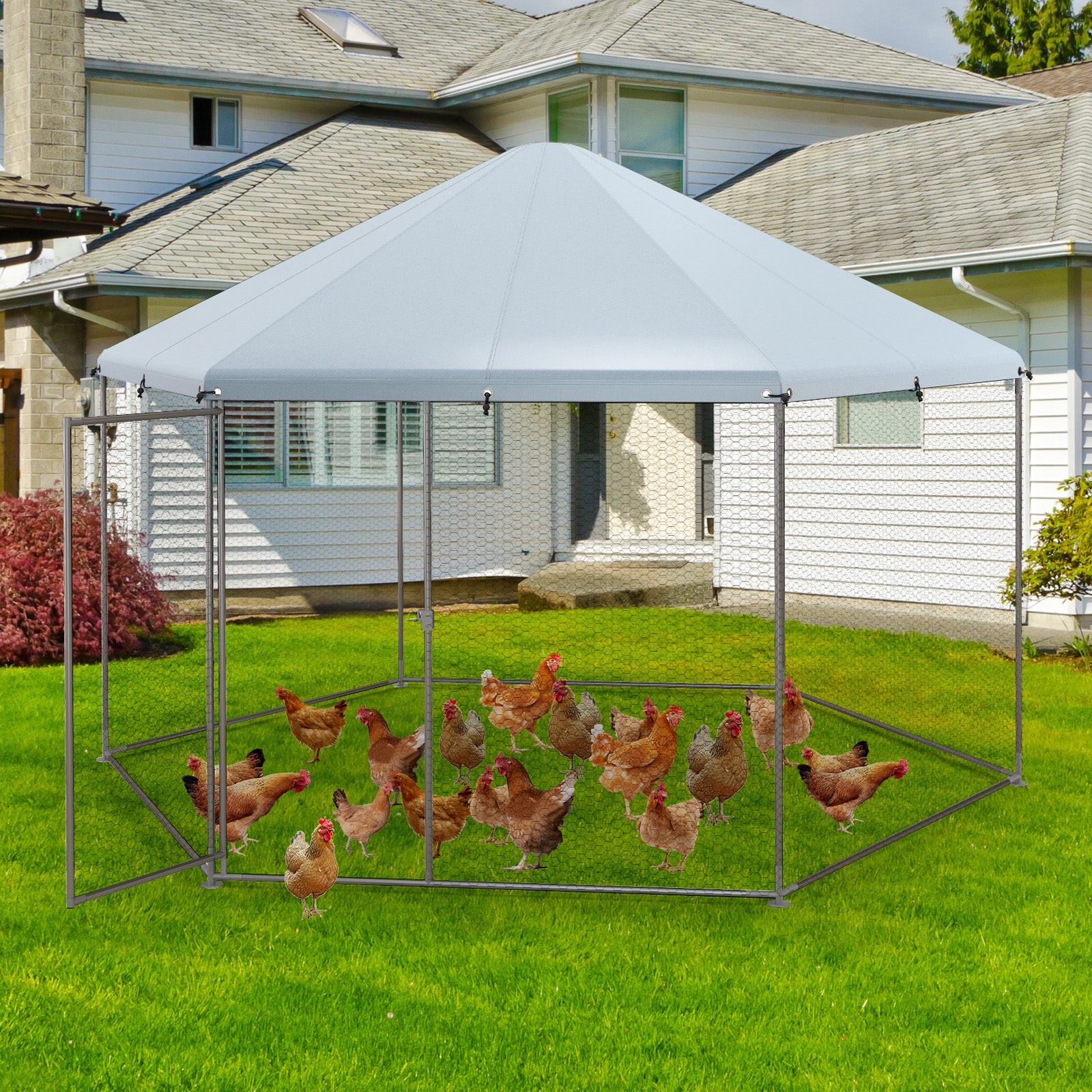 Hexagonal Metal Chicken Coop with Wire Mesh and Lockable Door – GardenArch